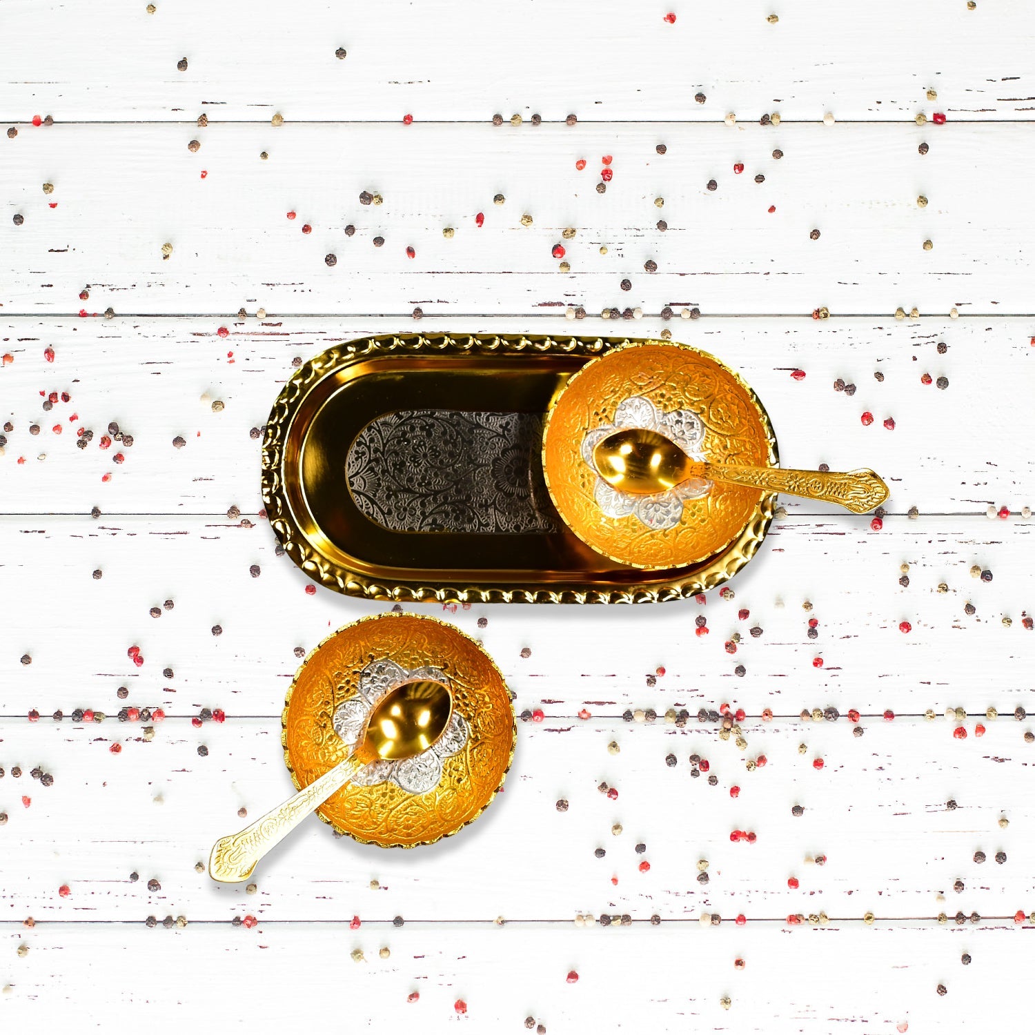 2947 Gold Silver Plated 2 Bowl 2 Spoon Tray Set Brass with Red Velvet Gift Box Serving Dry Fruits Desserts Gift DeoDap 2947 Gold Silver Plated 2 Bowl 2 Spoon Tray Set Brass with Red Velvet Gift Box Serving Dry Fruits Desserts Gift DeoDap